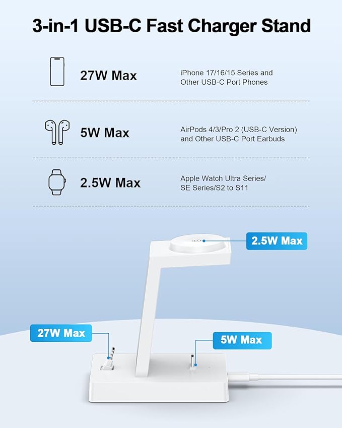 30W Fast Charging Station for Apple Devices - ADADPU 3 in 1 USB C Charger Stand for iPhone 17 16 15 Pro Max Plus & AirPods 4,Wireless Charger Dock Compatible with Apple Watch Ultra/10/9/8/7/6/5/4/3/SE