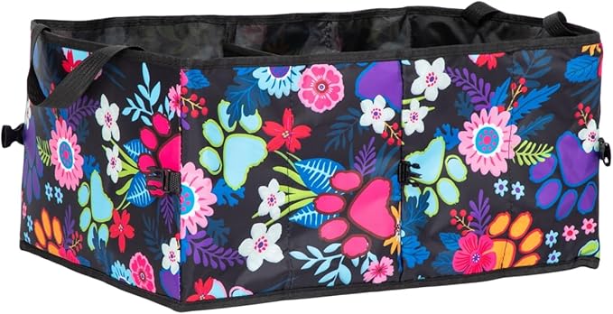 GreaterGood Collapsible Paw Print Car Trunk Organizer with 6 Pockets Truck SUV and Sedan Caddy With Compartment Vehicle Storage Container (Garden of Paws)