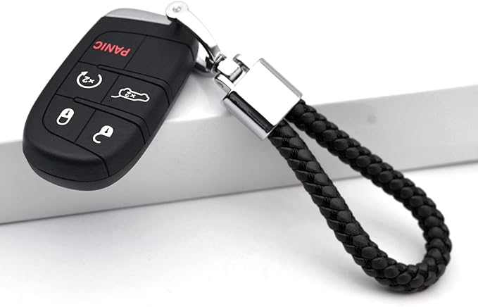 FEYOUN Universal Black Leather Car Fob Keychain Metal Keyring Woven Strap Braided Rope Key Chain for Men and Women - Silver Color, with 360 Degree Rotatable D-ring and Screwdriver