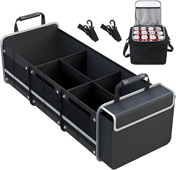 Collapsible Trunk Organizer for Car with Insulated Leakproof Cooler Bag, 3 Compartments SUV Cargo Organizer w/Removable Dividers, 5-in-1 Storage w/Foldable Lid & 2 Tie-Down Straps (Black)