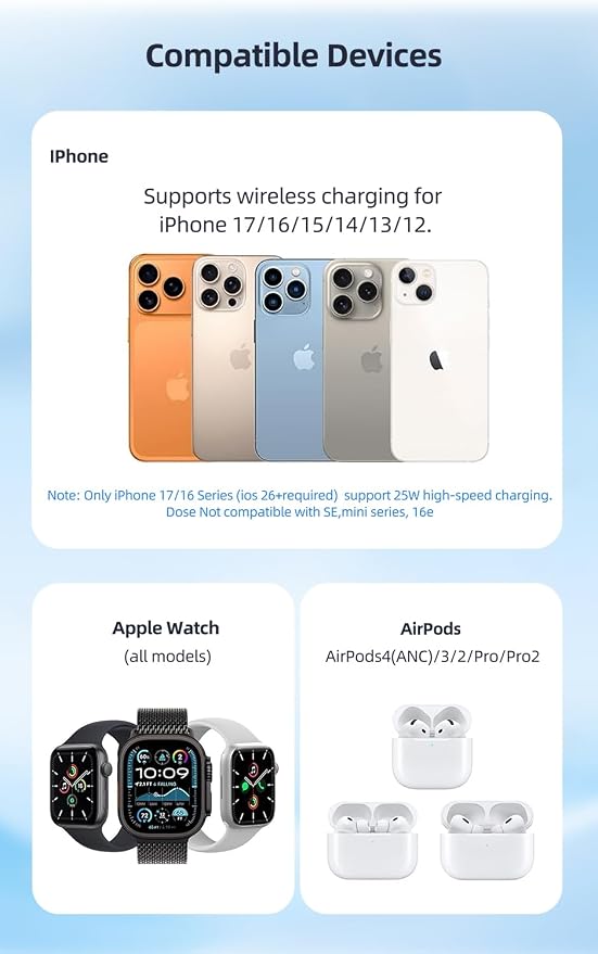 25W Wireless Charger 3 in 1 Magnetic Charging Station with TEC Active Cooling, Qi2.2 Certified Fast Charging Stand for iPhone 17 Pro Max/16/15, Apple Watch & AirPods, 65W Adapter Included