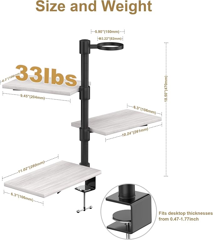 3-Tier Clamp On Desk Shelf with Cup Holder, Rotatable Height Adjustable Over or Under Desk Storage Shelves, Heavy Duty Desktop Organizer for Office Dorm Room Gaming Kitchen