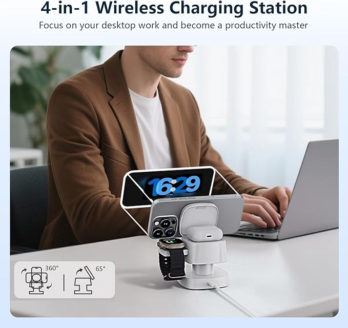 【2026 Upgraded】4 in 1 Wireless Charger, 3 in 1 Wireless Charging Station with Night Light for MagSafe Charger, 15W Magnetic Travel Stand for iPhone17/Air/Pro/Max/16/15/14/13/12, Apple iWatch, Airpods