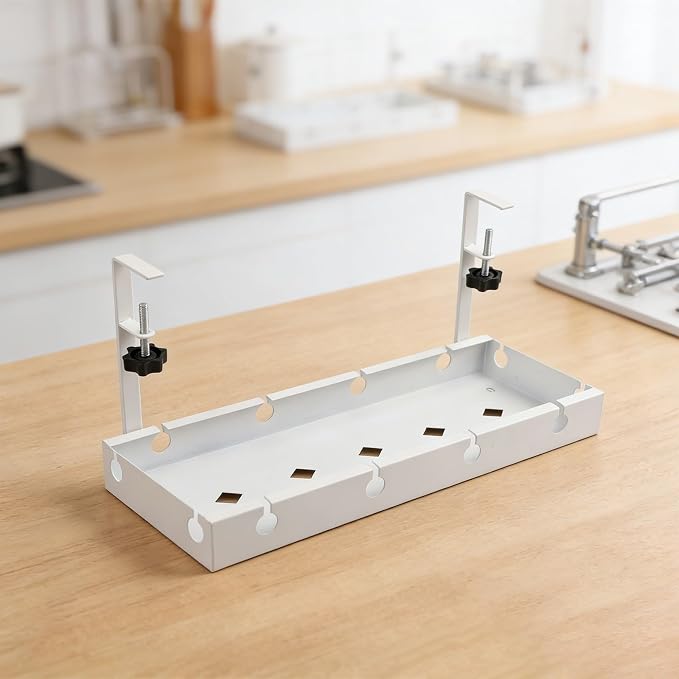 Under Desk Cable Tray with Ventilated Metal Frame for Heat Dissipation, Adjustable Fit for Office Desk and No Drilling Installation Required (White)
