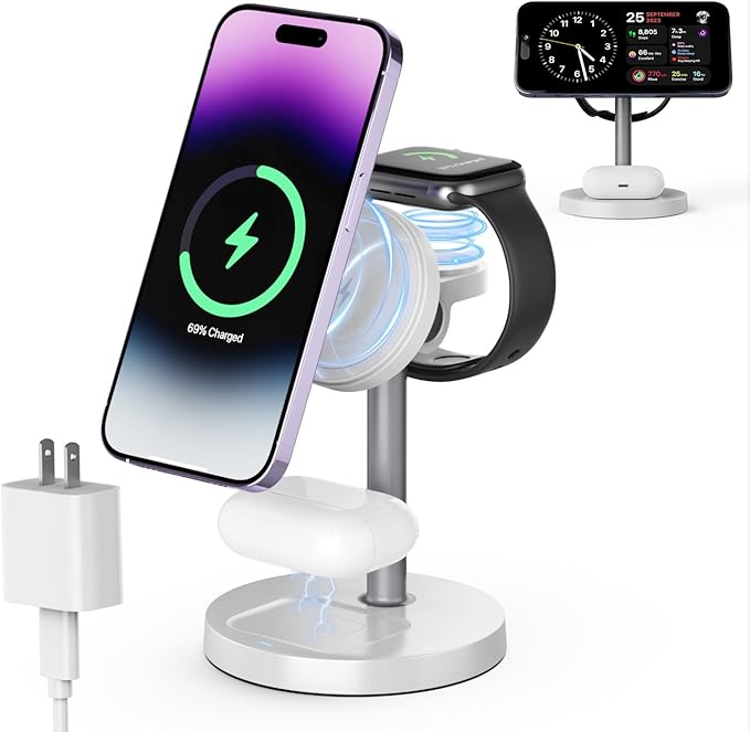 3 in 1 Wireless Charging Station Compatible with MagSafe, 15W Fast Charging Magnetic Mag-Safe Charger Stand for Apple iPhone 17 16 15 14 13 12Series Apple Watch AirPods Pro 4 3 2, Gifts for Men Women