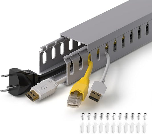 ZhiYo H1.4 W1.6 in Server Rack Cable Management Raceway, 144in (4X L36in) Cable Raceway Kit, Electrically Safe PVC Open Slot Wire Cord Hider for Under Desk/Computer/Network Cords, Gray