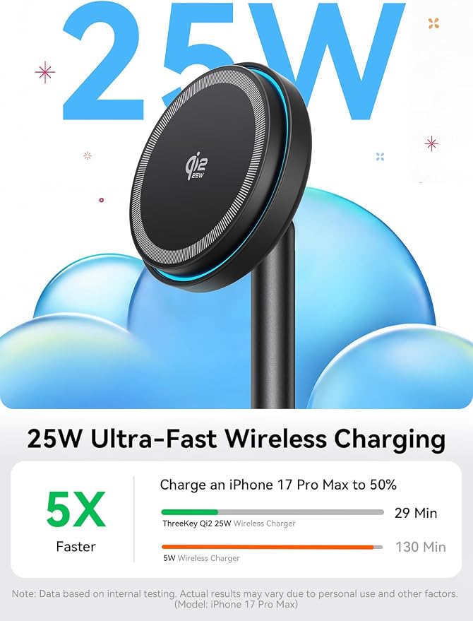 THREEKEY for Qi2 Certified 25W Magnetic Charging Stand with Cooling Fan & LED Light, Fast Wireless Charger Station for iPhone 17-12 Series/Galaxy S26-S25/Pixel 10【No Adapter】