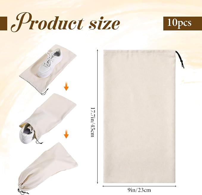 10 PCS Single Shoe Bag for Travel, Velvet Shoe Bags for Packing in Suitcase | with Drawstring Shoes Storage Bag for 5 Pairs of Shoes Dust-Proof for Traveling and Home Storage-Beige, 18×9 Inch
