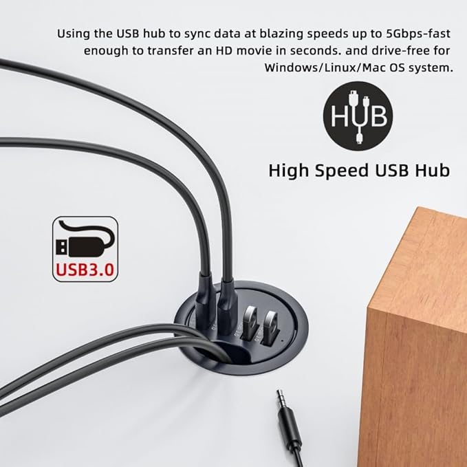 CY USB 3.0 Hub 4 Port USB 60mm Desk Grommet Splitter Dock Station Interface 5Gbps for Desktop PC
