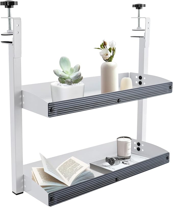 Clamp-on Desk Shelf 2 Shelves Carbon Steel Countertop Desk Extension Shelf for Storage, 22lbs Desk Extension Shelf Desk Organizer On Desk, Max Thickness 43mm/1.7in, 17.32*15.47*6.in (white)