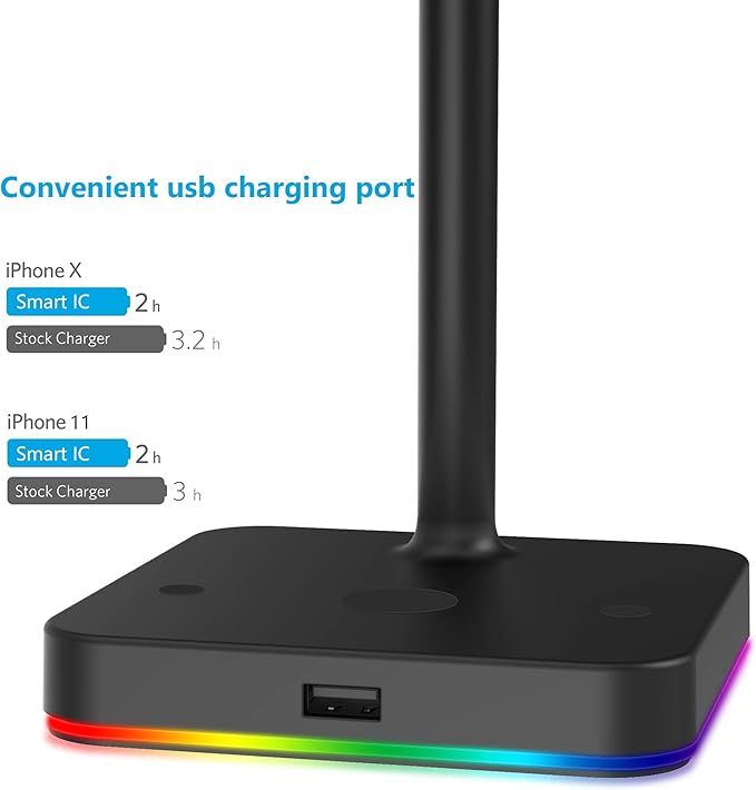 KAFRI RGB Headphone Stand with Wireless Charger Desk Gaming Headset Holder Hanger Rack with 10W/7.5W QI Charging Pad and QC 3.0 USB Port - Suitable for Gamer Desktop Table Game Earphone Accessories