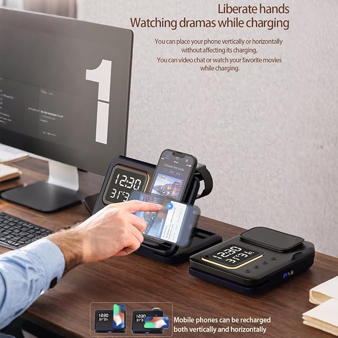 IHAO 5in1 Multi Functional Wireless Charging Station Digital Clock 15W Fast Charging Temperature Display Wireless Charger for All Qi Phone and TWS Headphone Compliant with Apple Watch-DH15 Black
