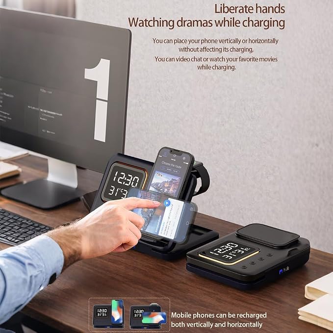 AYI Multi Functional Wireless Charging Station with Digital Clock 15W Fast Charge Night Light Temperature Humidity Monitor Wireless Charger for All Qi Phone TWS Headphone and Apple Watch-DH15 Black.