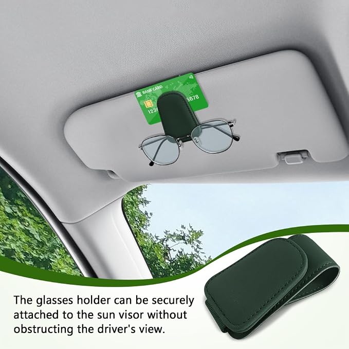 Sunglass Holder for Car, Sunglasses Clip for Car Visor, Magnetic Leather Vehicle Eyeglass Hanger Clip, Auto Ticket Card Glasses Organizer Clamp Accessories for SUV Sedan (Dark Green)