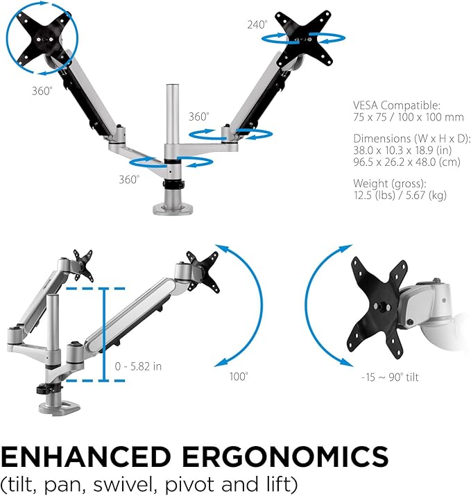 ViewSonic LCD-DMA-002 Spring-Loaded Monitor Desk Mounting Arm for 2 Monitors up to 27 Inches Each, VESA Compatible, Full Ergonomic Adjustability, 2-in-1 Mounting Base, and Built-in Cable Management