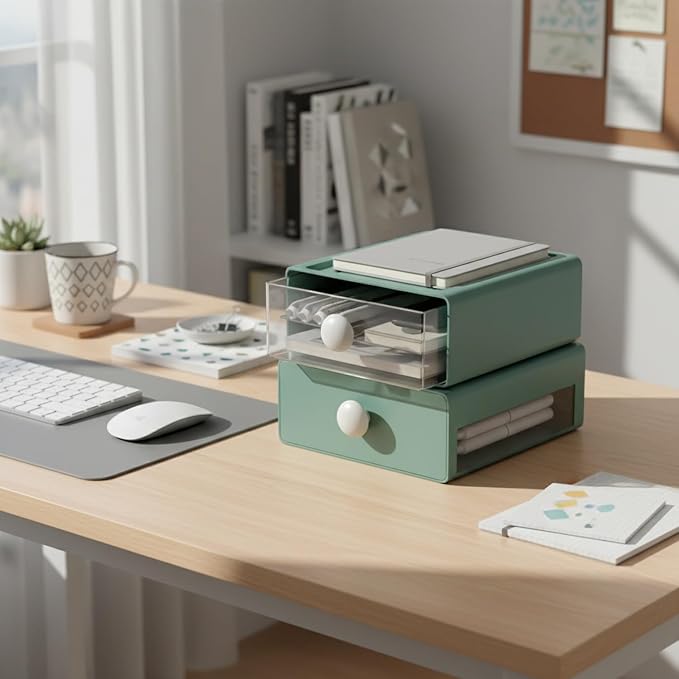 Stackable Desktop Storage Box with Lid, PP Plastic Organizer Bin for Office Desk Clutter, Space Saving File & Supply Container
