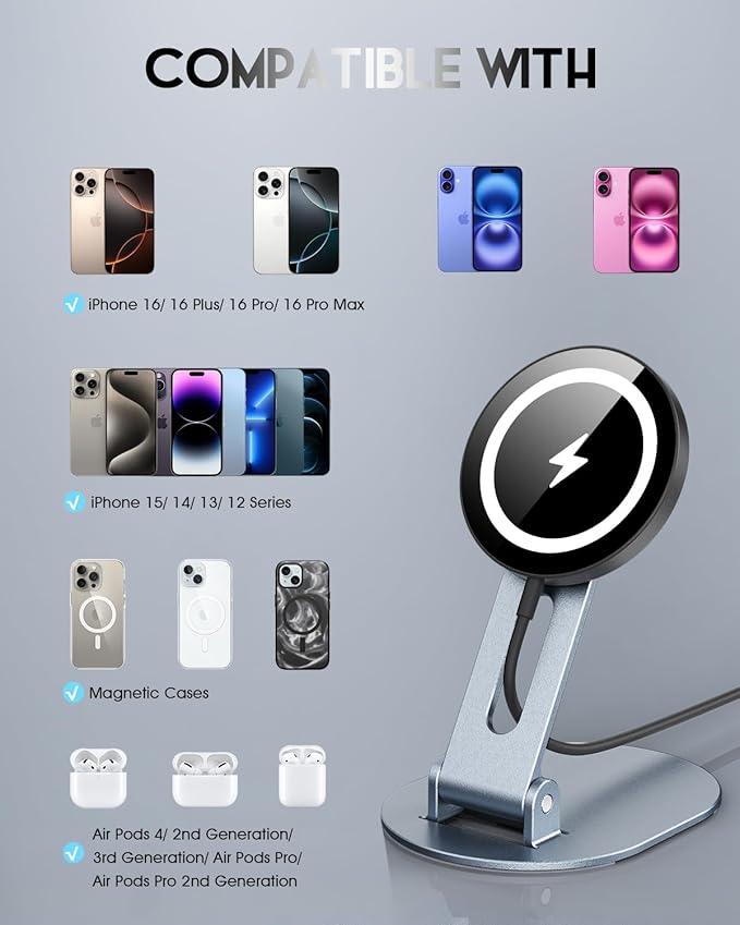 Magnetic Wireless Charger Stand for Mag-Safe Charger, Foldable Wireless Charging Stand Made for iPhone 17/17 Pro Max/Air/16/15/14/13/12,Mag Safe Charging Pad for AirPods Pro 3 2 (Black)