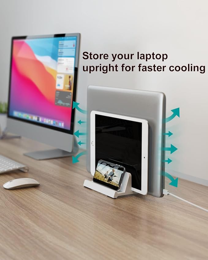 Vertical Laptop Stand for Desk, Dual Slots Plastic Laptop Holder with Space Saving 4-in-1 Design, Adjustable Laptop Stand Supports MacBook, Chromebook, Surface, Dell (White)