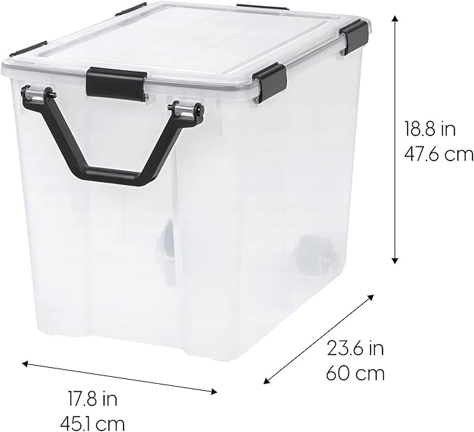 IRIS USA WeatherPro 103 Qt Storage Bins with Lids, 4 Pack, BPA-Free Plastic Gasket Box with Tight Latch and Seal, Stackable Nestable Tote Tub - Clear/Black