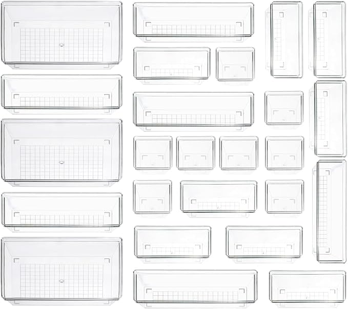 Clear Plastic Drawer Organizer Storage - 25Pcs 4 Size Desk Bathroom Kitchen Organizers and Accessories Office Organization, Vanity Stackable Drawers Bins Trays Containers Dividers Makeup Sets