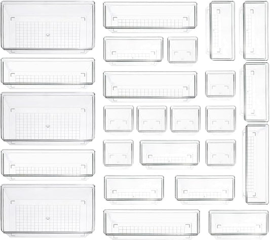 Clear Plastic Drawer Organizer Storage - 25Pcs 4 Size Desk Bathroom Kitchen Organizers and Accessories Office Organization, Vanity Stackable Drawers Bins Trays Containers Dividers Makeup Sets