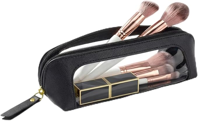 LETGO Small Clear Makeup Bag, PU Leather Travel Makeup Brush Case Portable Transparent Waterproof Cosmetic Organizer Pouch with Zipper for Women Home Travel Office Cosmetic Storage (Chic Black)