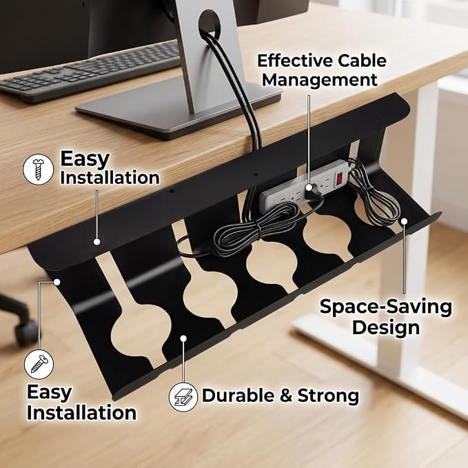 Metal Cable Management Under Desk for Easy mounting Under-Table, Set of 2 - with 10X Cable Ties, Desk Organizer for Office/Home Office Table Thoughtful Cable Tray Holder
