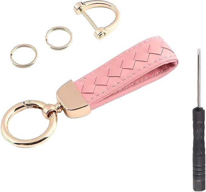 Car Keys Keychain, Leather Key Chain, Pink Leather Wristlet Keychain with 2 Key Ring andAnti-Lost D-Ring, Keyfob holder for Women Men (Pink)