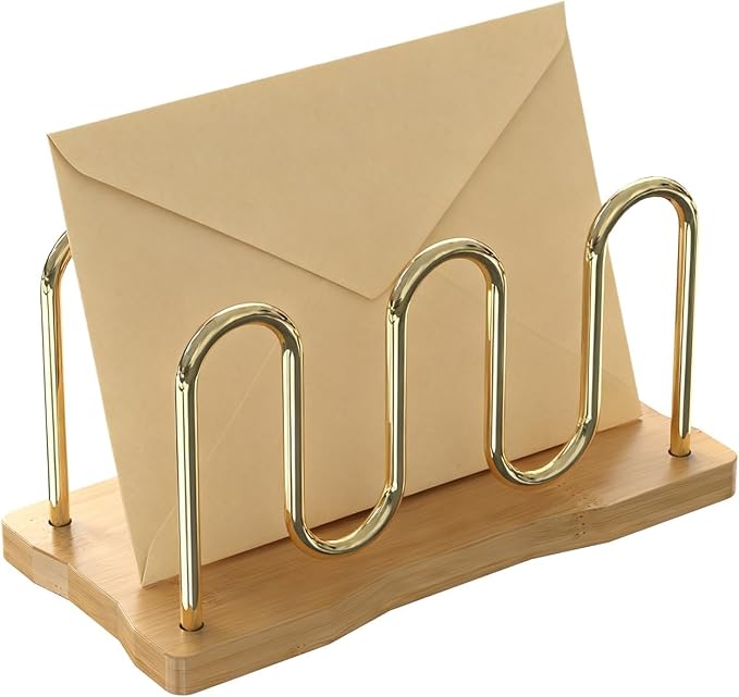 Mail Holder Organizer Countertop, Metal Mail Sorter for Desk, Cutout Mail Storage Bills Organizer Letter Tray Design with Bamboo Base for Home Office (Bamboo)