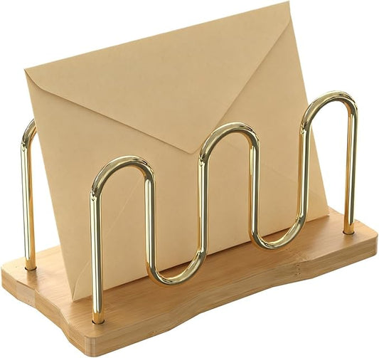 Mail Holder Organizer Countertop, Metal Mail Sorter for Desk, Cutout Mail Storage Bills Organizer Letter Tray Design with Bamboo Base for Home Office (Bamboo)