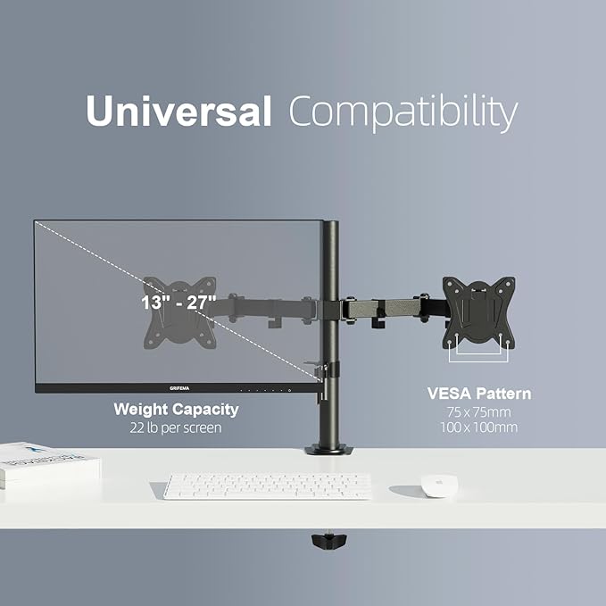 GRIFEMA GB2001A-2 Monitor Mount for 13-27 Inch Flat & Curved Screens, Height Adjustable, Tilt, Swivel, 360° Rotation, 10 kg per Arm, VESA 75/100 mm