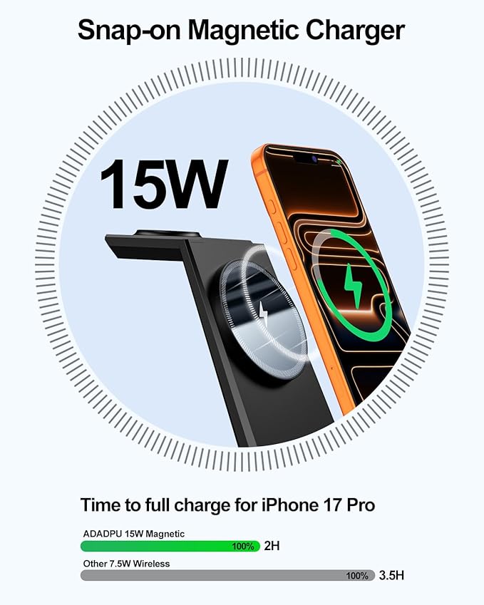 3 in 1 Magnetic Wireless Charging Station - 15W Fast Charging for iPhone 17/16/15/14/13/12, Compatible with MagSafe, for Apple Watch & AirPods, Auto-Dimming Light for Nightstand, Includes 30W Adapter