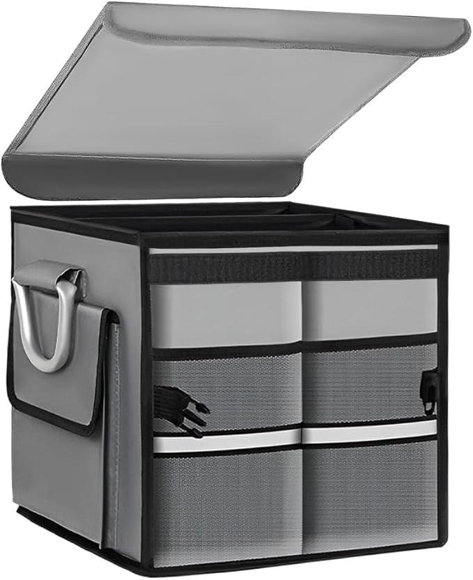 Trunk Organizer with Lid, 28L Collapsible 2-Compartment Car Storage Box with Reinforced Handles, Multipurpose Waterproof Oxford Storage Organizer for SUVs Sedans Trucks (Gray)