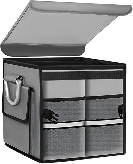 Trunk Organizer with Lid, 28L Collapsible 2-Compartment Car Storage Box with Reinforced Handles, Multipurpose Waterproof Oxford Storage Organizer for SUVs Sedans Trucks (Gray)