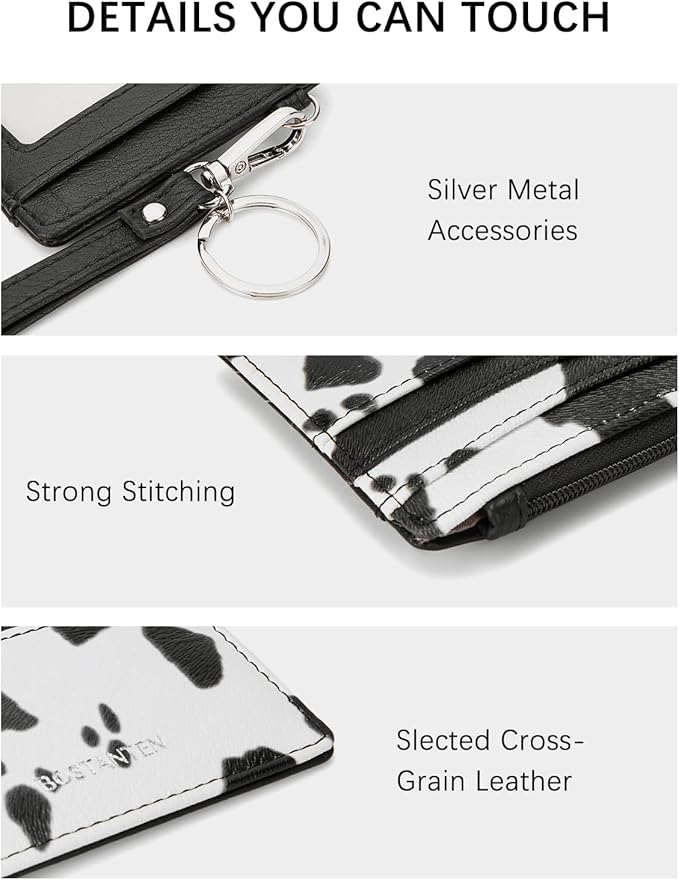 BOSTANTEN Small Wallet For Women RFID Leather Credit Card Holder Slim Wristlet Keychain Wallet With Zipper Pocket White Cow Print