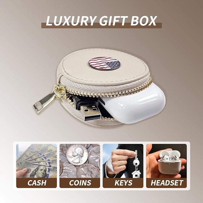 Coin Wallet Purse, Beige PU Leather Round Zipper Coin Purse, Mini Leather Coin Purse, Keychain Bag Charm, Shoulder Bag for Girls & Women (White American Flag)