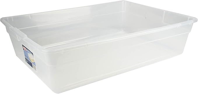 Sterilite 28 Qt Underbed Storage Box, Stackable Bin with Lid, Plastic Container to Organize, Bedroom, Clear Base and White Lid, 1-Pack