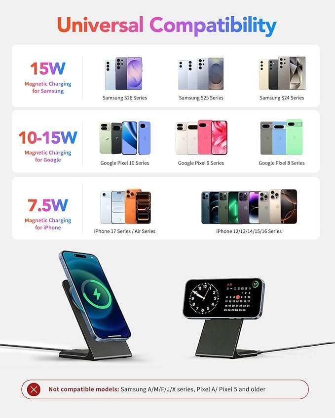 15W Fast MagSafe Charger Stand, Magnetic Wireless Charger for iPhone 17-12 Samsung Galaxy S26-S21 Google Pixel 10-6 (Onyx Black, No Adapter)