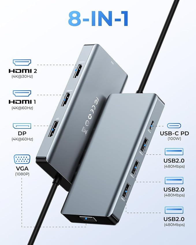 USB C Docking Station Dual Monitor Adapter, 8 in 1 Laptop Docking Station 3 Monitors Quadruple Display USB C Hub Dongle to 4K HDMI+DP+VGA