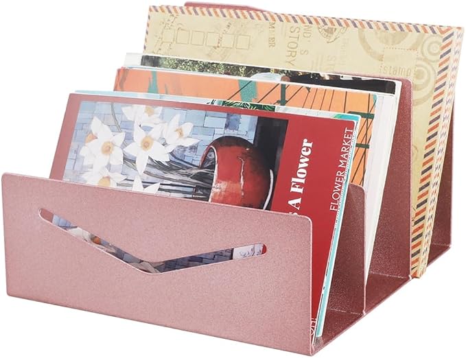 Picowe Metal Desk Mail Organizer Mail Holder, 3 Slots Letter Holder Organizer Envelope Organizer for Home Office (Rose Gold)