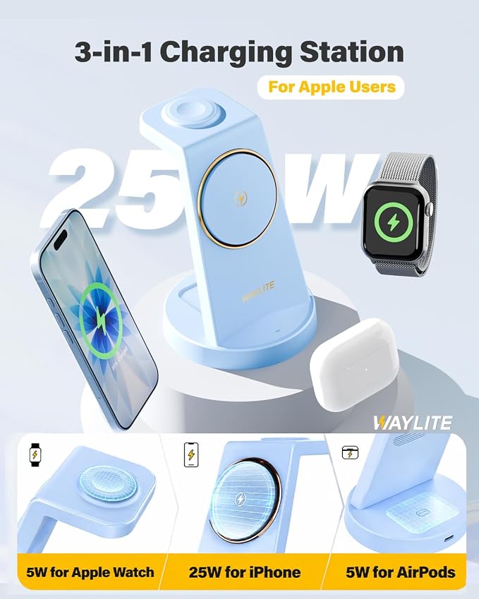 3 in 1 Fast Charging Station for iPhone, 25W Wireless Magnetic Phone Charger for iPhone 17 16e 16 15 14 13 12 Serise, Watch Charger Stand, Wireless Charging Station for AirPods 4 3 Pro, Blue