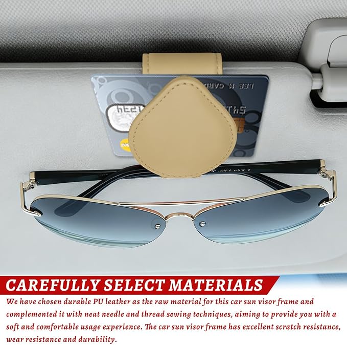 Sunglasses Holders for Car Visor, PU Leather Car Organizer, Magnetic Glasses Holder and Ticket Card Clip, Multi-Functional Auto Sun Visor Eyeglass Holder for Most Vehicles (Beige)