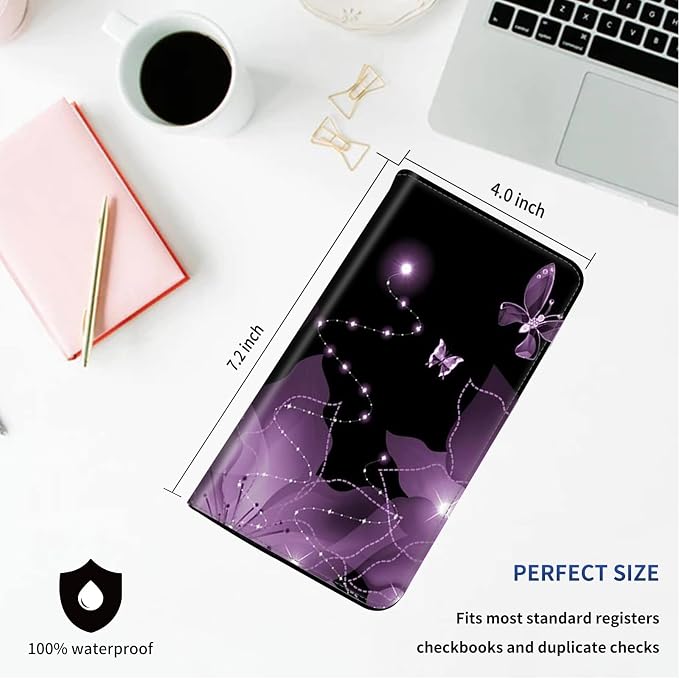 DEGDFSGR Checkbook Cover - Premium Leather Standard Duplicate Register Check Card Book Holder Wallet with RFID Blocking Function for Girl Men Women, Purple Flower