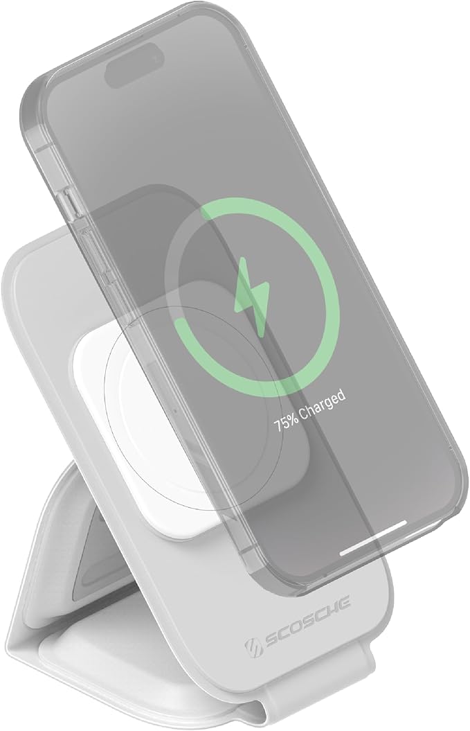 Scosche MSQFG2N1WT MagicMount Travel 2-in-1 Magnetic Dual Wireless Charging Station, Fast Charger Stand w/Foldable Flat Pad, Compatible with MagSafe Apple iPhone 16/15/14/13/12/Pro Max/Airpods, White