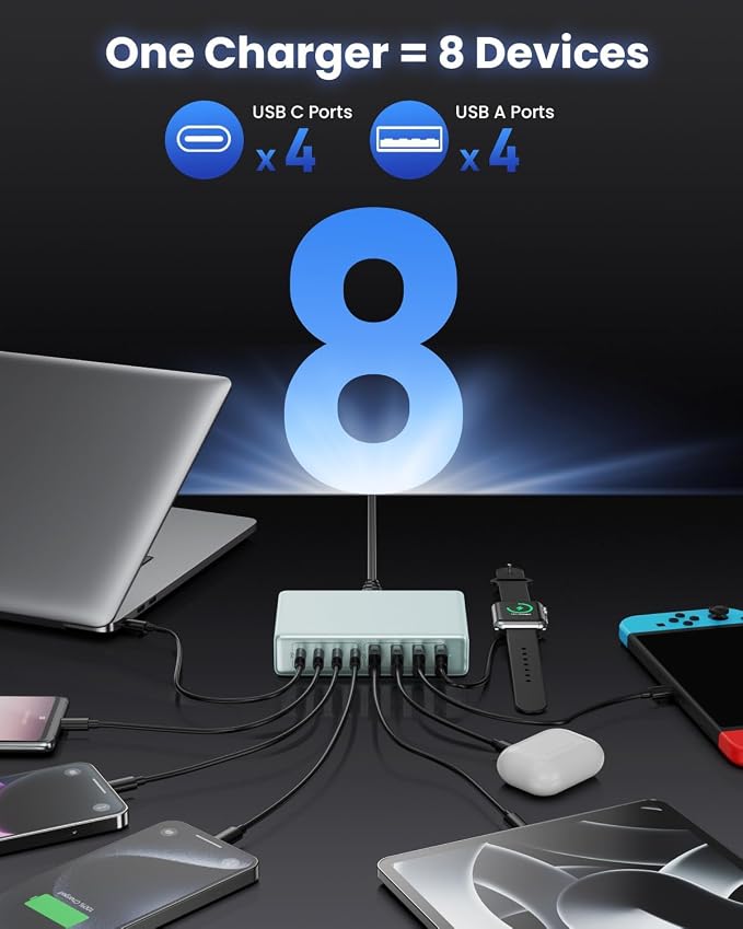 USB C Charger 200W USB C Charger Block,Upgraded GaN III 8-Port Fast Charging Station Hub,PD 65W Laptop Charging Adapter Compatible with MacBook Pro/Air,DELL,Steam Deck,iPhone 16/15/14,Galaxy S23/22