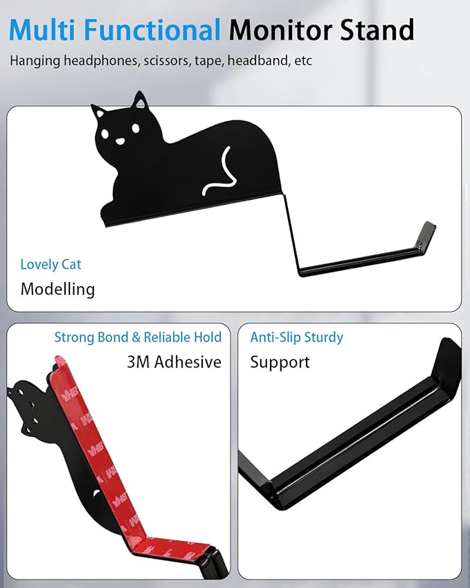 Monitor Stand, Puppy Tail Hook for Headphone, Saves Desk Space and Protects Headphones, Organizer Decorative Hanger for Hanging Keys Cables and More (Black (Cat))