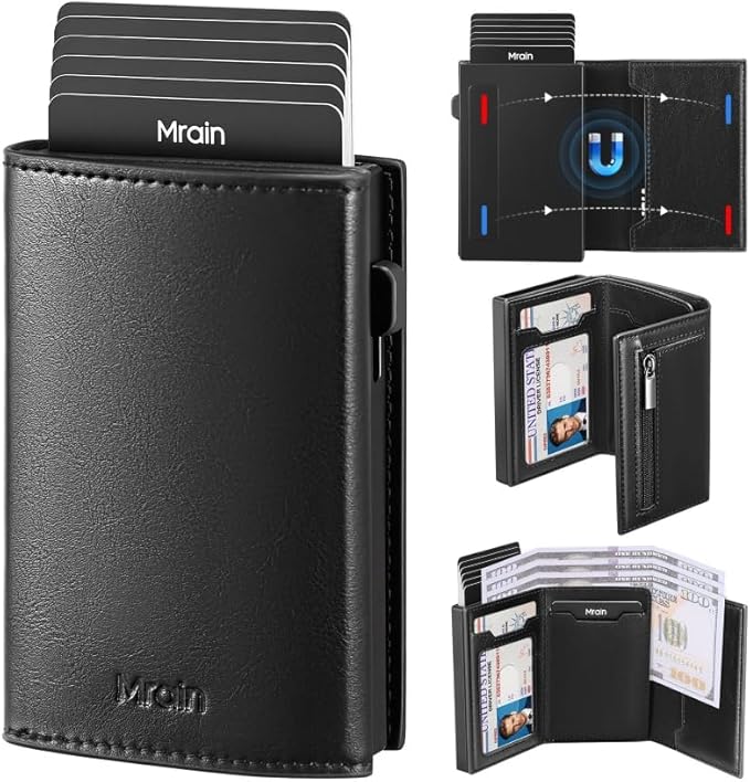 Mens Slim Minimalist Wallet Card Holder with Coin Pocket, Cash Slot, Magnetic Closure, Pop Up Aluminum Case, ID Window, Leather Wallet, RFID Blocking, 9-13 Card Capacity (Wax Black)