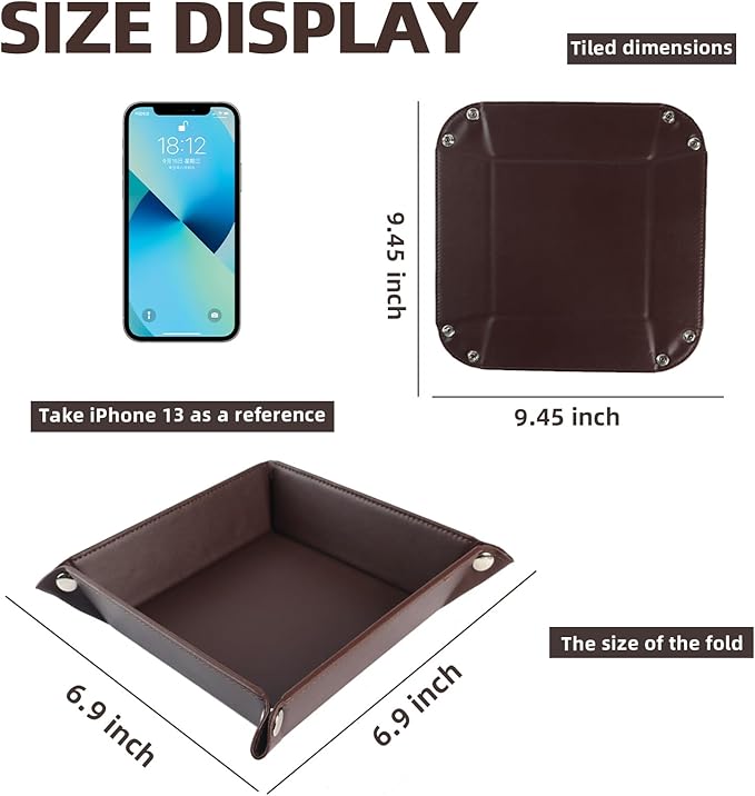 Valet Tray for Men Women - PU Leather Travel Catchall Tray Organizer - Desk Bedside Nightstand Storage Box for Jewelry Key Phone Remote Controller Wallet Watch Glasses Coin Readers - Square