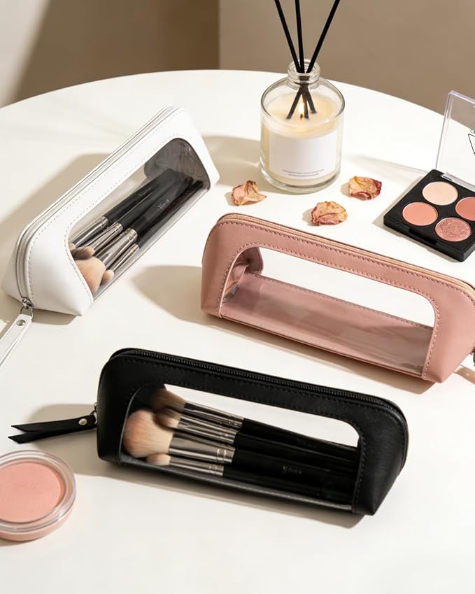 LETGO Small Clear Makeup Bag, PU Leather Travel Makeup Brush Case Portable Transparent Waterproof Cosmetic Organizer Pouch with Zipper for Women Home Travel Office Cosmetic Storage (Chic Black)
