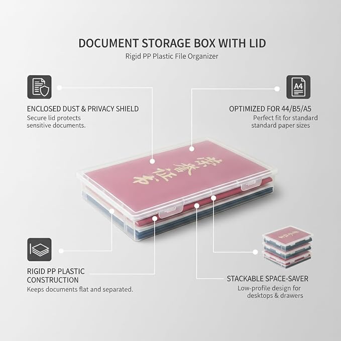 1.97-Inch Low Profile Document Storage Box, Rigid PP Plastic File Organizer with Lid for Desktop and Drawer